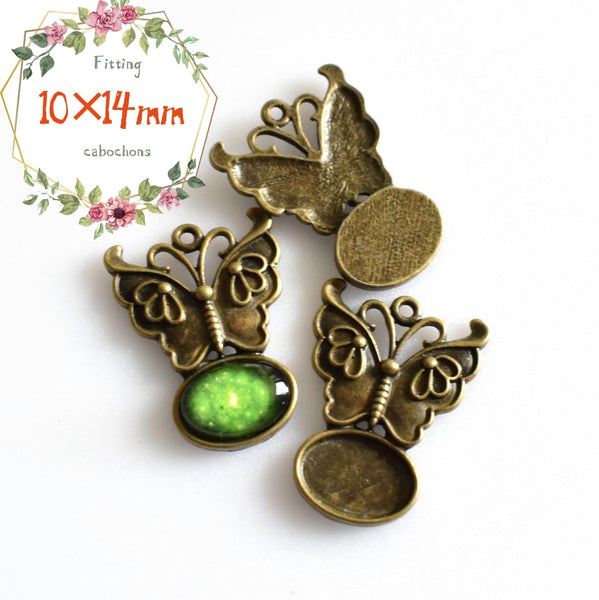 10pcs 10x14mm Oval Cameo Cabochon Base Setting Pendants,Antique Bronze Butterfly Charms-b2200