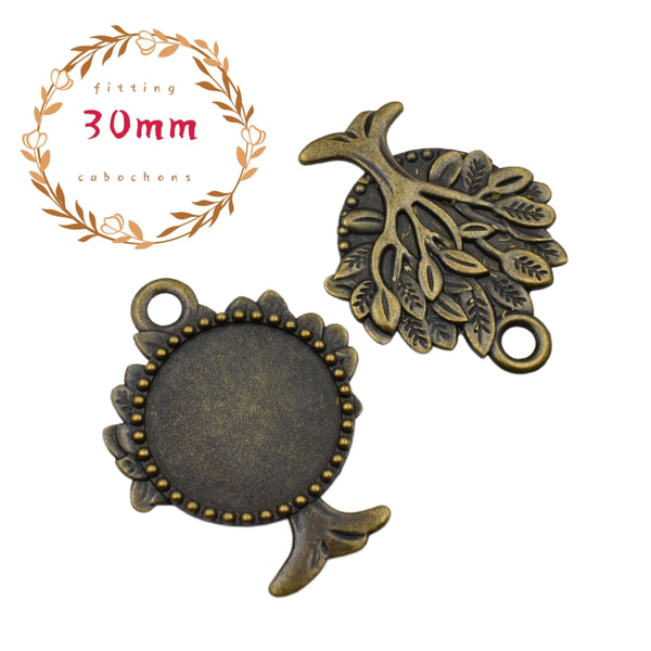 2pcs 30mm Round Bezels,Cameo Cabochon Base Setting Pendants,Tree Charms Antique Bronze Tone-b2122