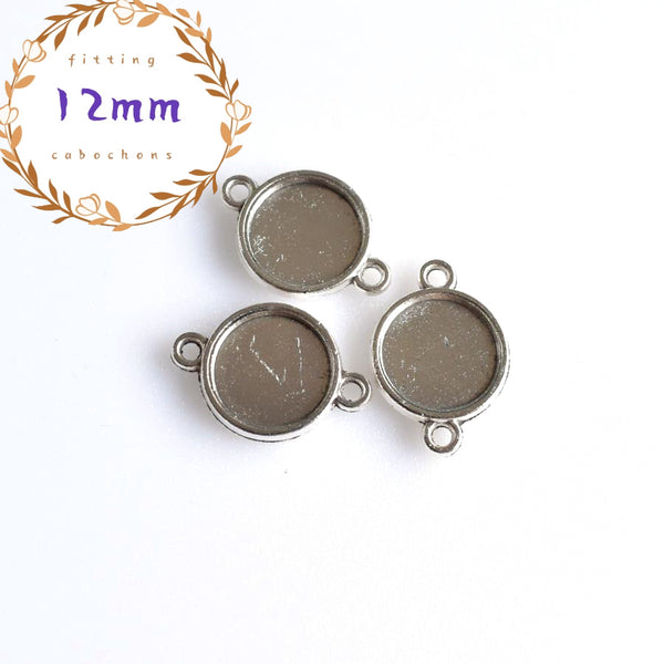 10PCS 12mm Round Cabochon Base Setting Connectors 2 Sided Antique Silver Tone-B2008