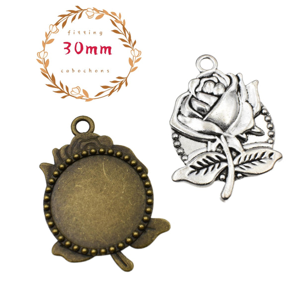 2pcs 30mm Round Bezel Pendants, Rose Charm Setting Trays 2 Colors Available-b2171