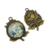 2pcs 30mm Round Bezel Pendants, Rose Charm Setting Trays 2 Colors Available-b2171