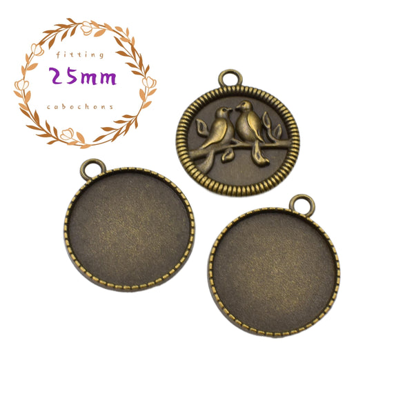 5pcs 25mm Round Cabochon Setting With Birds Pattern Back,1inch (25mm) Round Blank Trays,Antique Bronze Tone-b2175