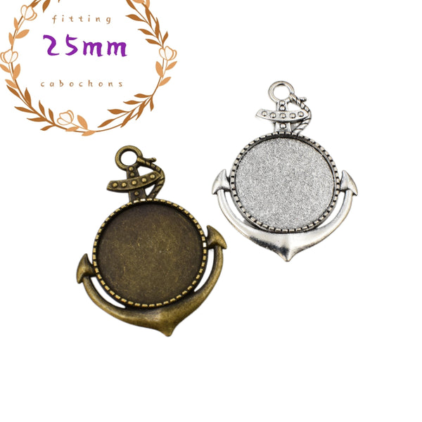 5pcs 25mm Round Bronze Bezel Pendant Trays,Anchor Charms,1 Inch Circle DIY Photo Keepsakes 2 Colors Available-b2230