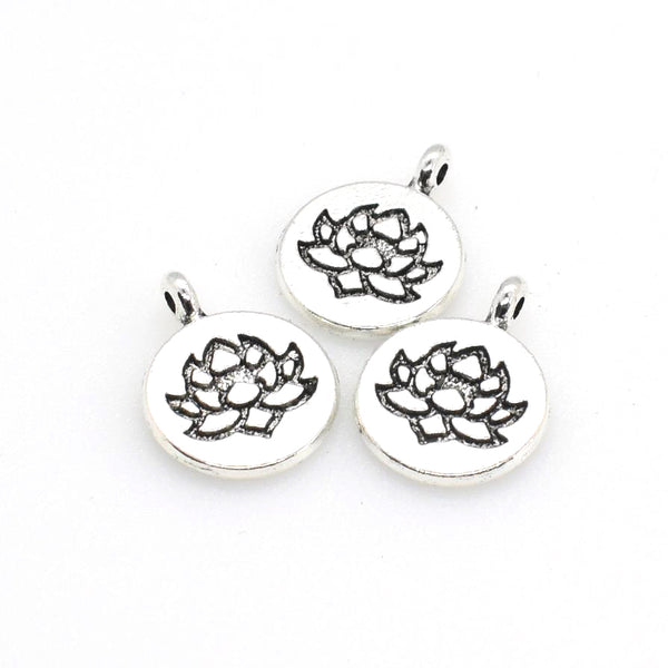 15PCS Round Lotus Charms,Antique Silver Tone Double Sided-RS1112