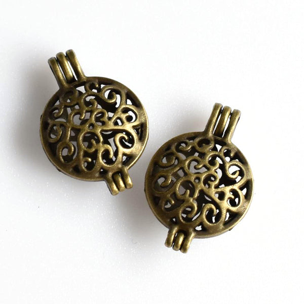 2PCS Flat Round Cage Pendants,Antique Bronze Tone-TS093