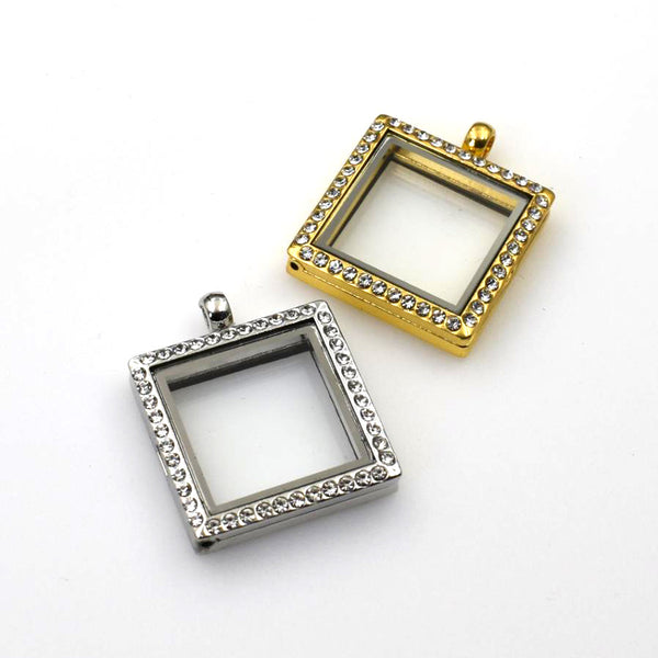 1PCS Square Floating locket Pendant With Diamonds 2 Colors Available-TS0047