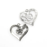 10PCS Love Heart Charms,Rose Flower Antique Silver Tone-RS009