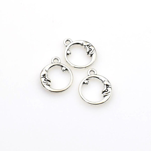 20PCS Round Moon Charms,Antique Silver Tone Double Sided-RS839